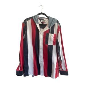 Vintage Tommy Hilfiger **FLAWS** Denim Mens Small Hooded Shirt Stripe Y2K #5344